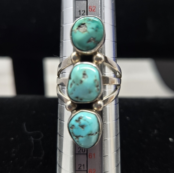 Vintage Native American Benson Boyd Sterling Silver Triple Turquoise Ring Sz 8 - Picture 1 of 8